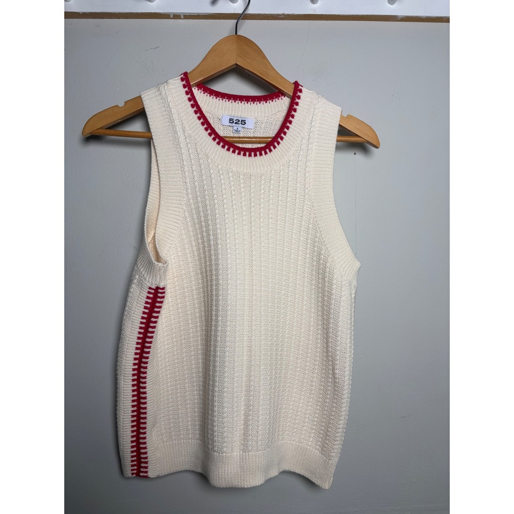 525 America Cream Cotton Knit Sweater Vest Red Trim Sleeveless Women's Small